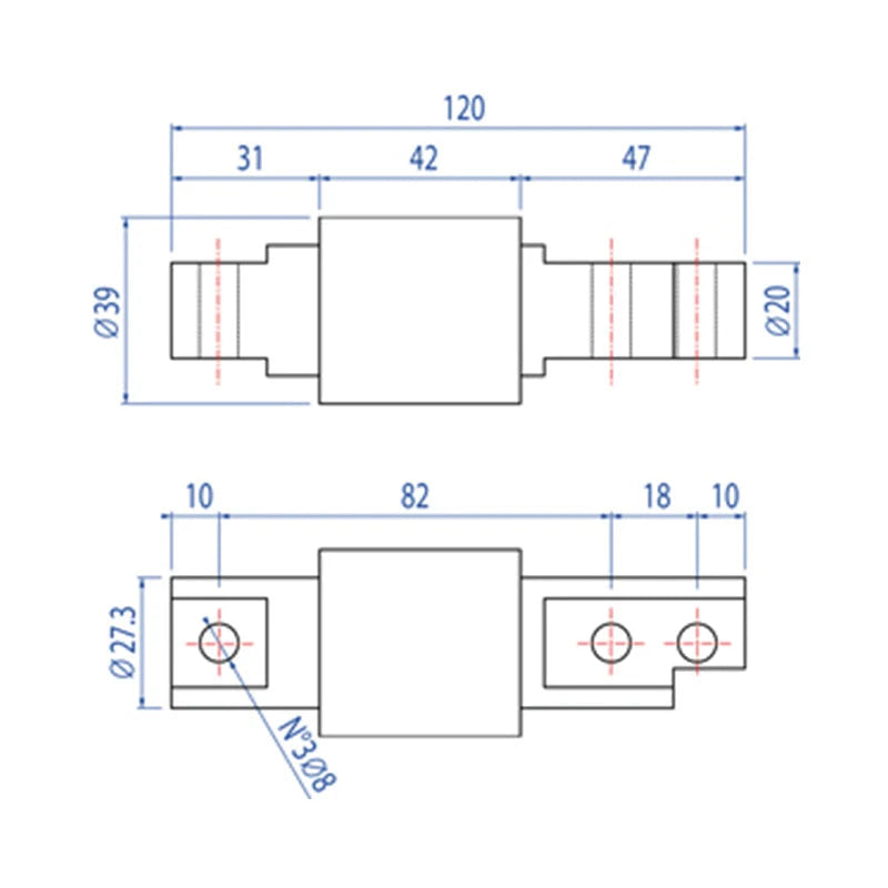 Technical drawing of a mechanical component with precise dimensional annotations and threaded hole specifications
