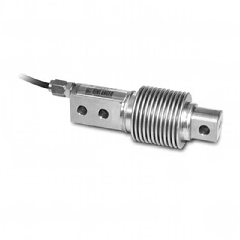 Stainless steel load cell with threaded cylindrical body and rectangular mounting plate, featuring engraved branding