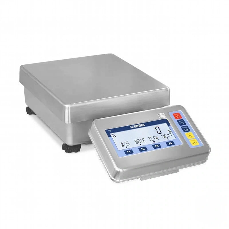 Silver digital scale with a rectangular weighing platform and control panel featuring blue, red, yellow, and black buttons