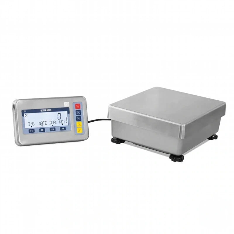 Silver digital scale with a rectangular weighing platform and an attached control unit featuring buttons, a display screen showing ’0.0g’, and the brand name visible on its face
