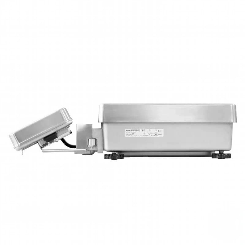 Silver industrial-grade weighing scale with a rectangular, metallic body and an attached digital display unit