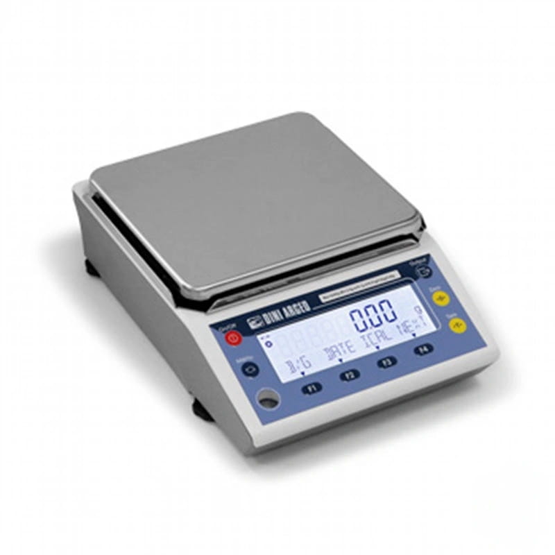 Silver digital scale with a sleek, rectangular platform and blue control panel featuring yellow buttons
