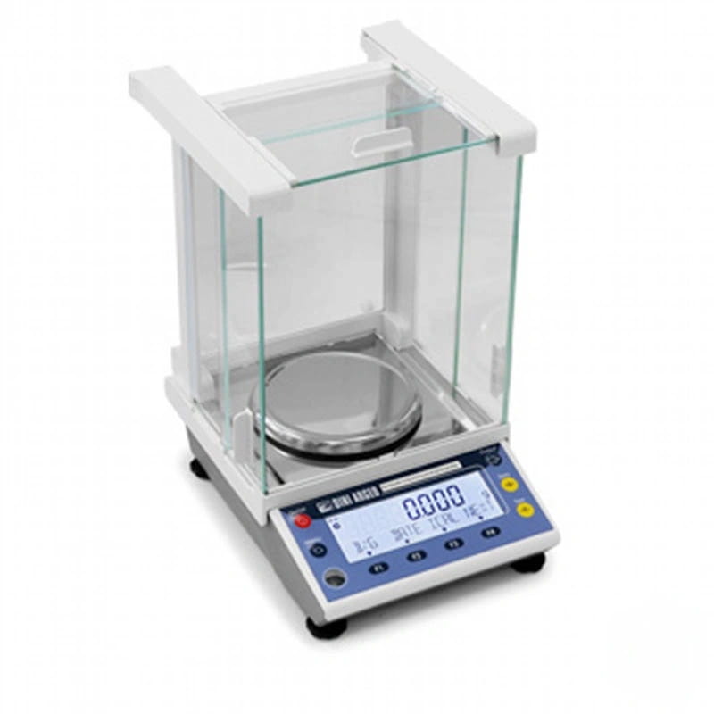 White and blue analytical balance with transparent glass draft shield