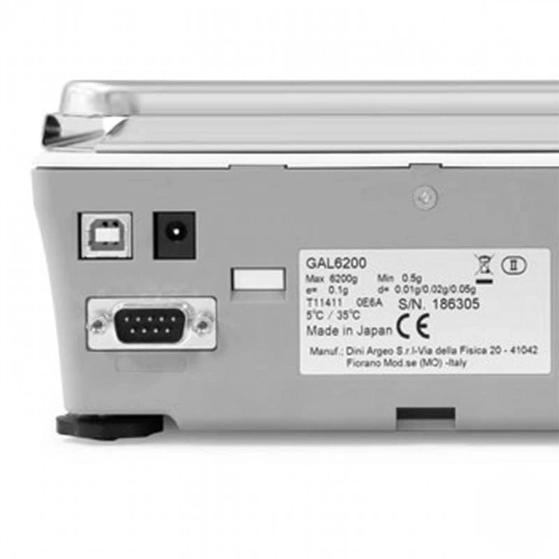 Gray gal6200 electronic scale with a silver metallic top plate and three ports on its rear panel