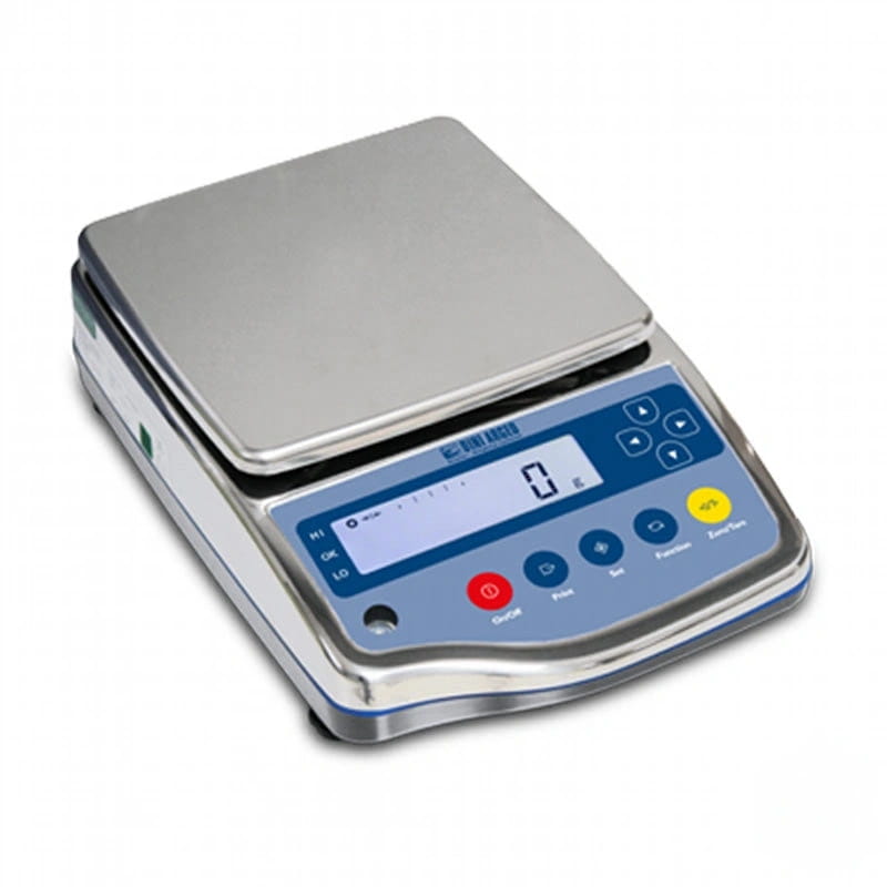Silver digital scale with a blue control panel and colorful function buttons