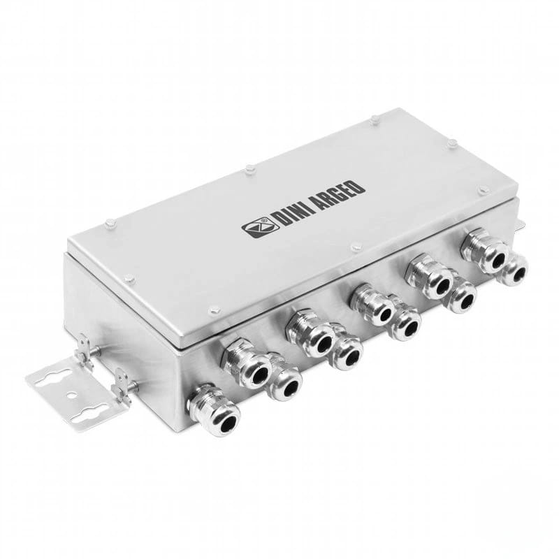 Silver metallic dini argeo industrial junction box with multiple threaded ports and mounting bracket