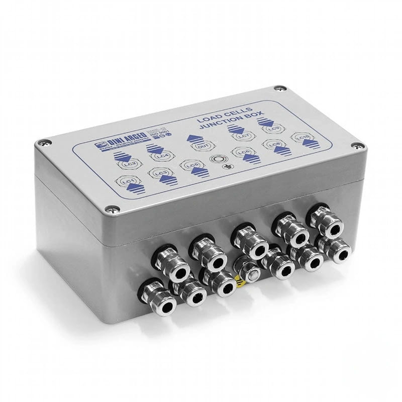 Silver metallic load cells junction box with multiple threaded ports and a labeled control panel