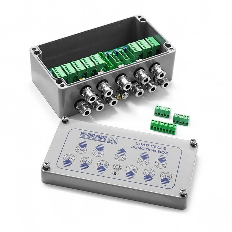 Silver metallic load cells junction box with green terminal blocks and labeled connection points