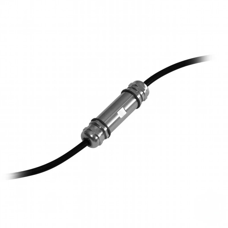 Silver metallic cable connector with black insulated wires