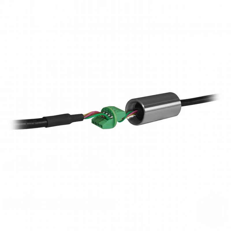 Silver cylindrical sensor housing with green terminal connector and black cable ends