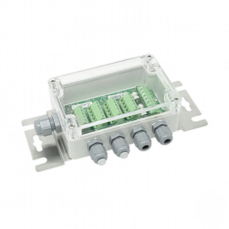 Clear plastic enclosure housing a green circuit board with multiple terminal blocks and gray threaded connectors