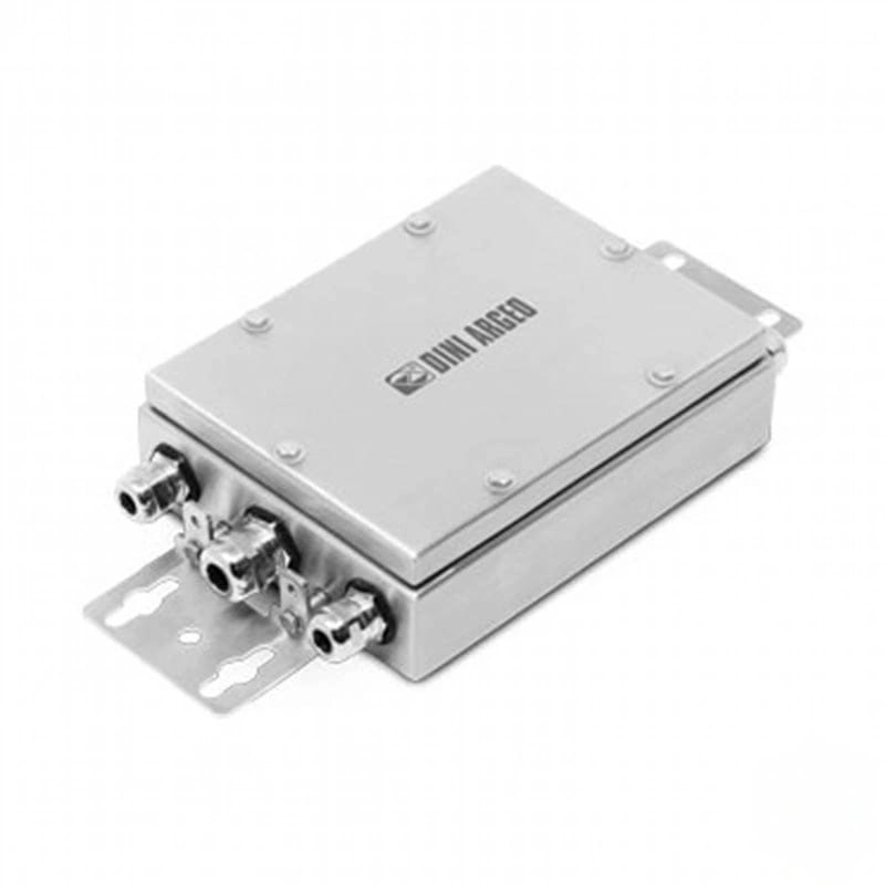 Silver metallic dini argo industrial control box with three threaded ports and mounting brackets