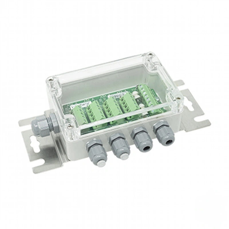 Clear plastic housing with green terminal blocks and gray cable glands