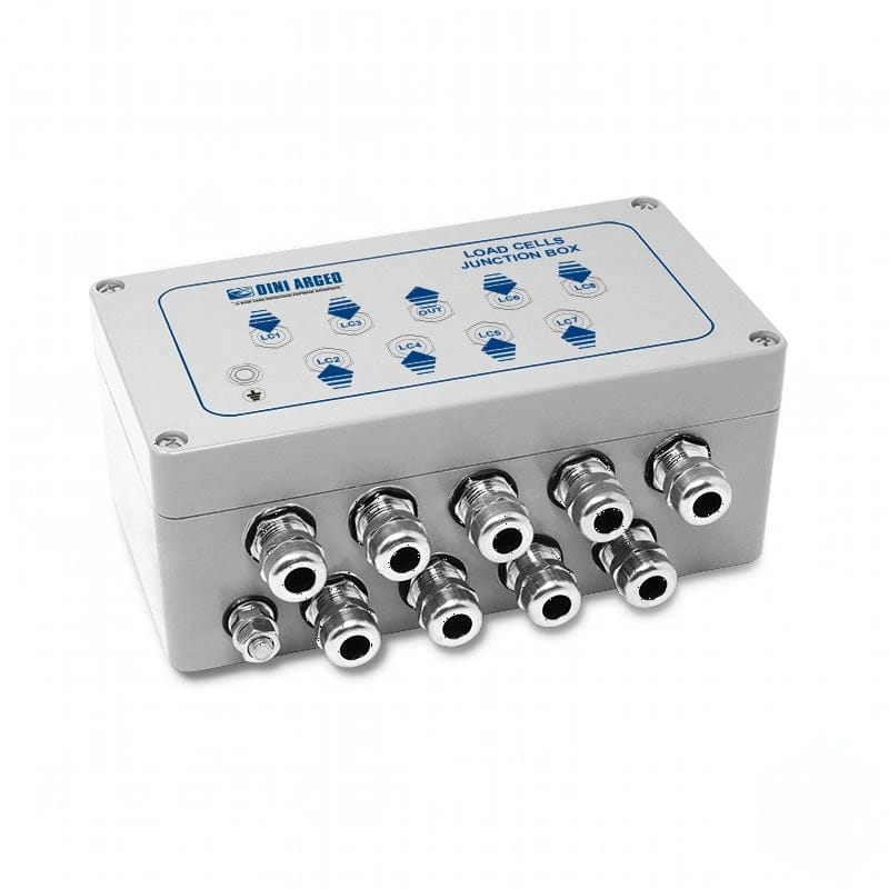 Gray dini argeo load cells junction box with blue labeling and multiple metallic threaded ports