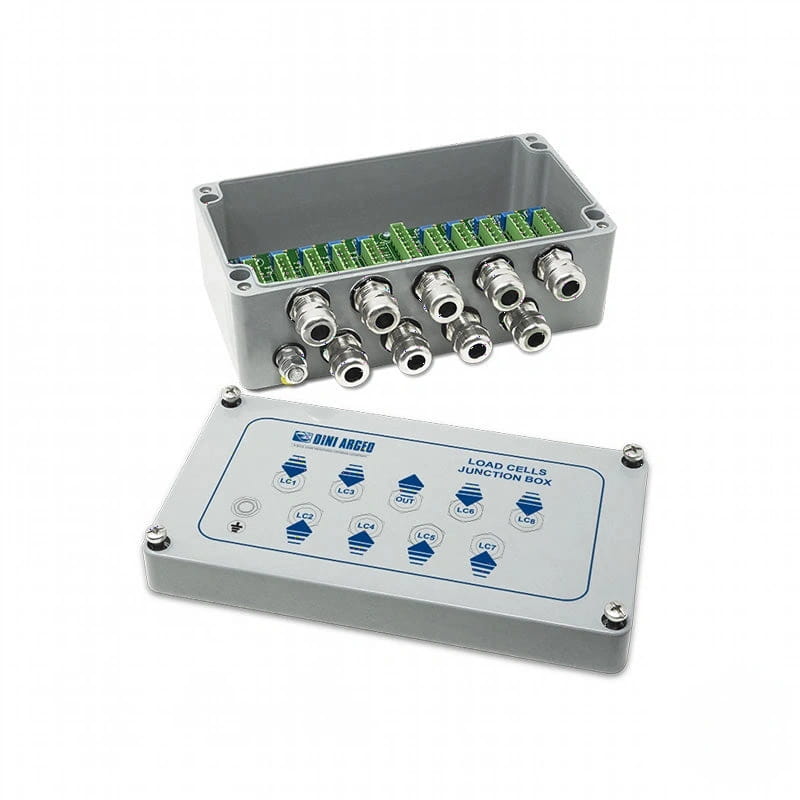 Gray dini argeo load cells junction box with green terminal blocks and silver threaded connectors