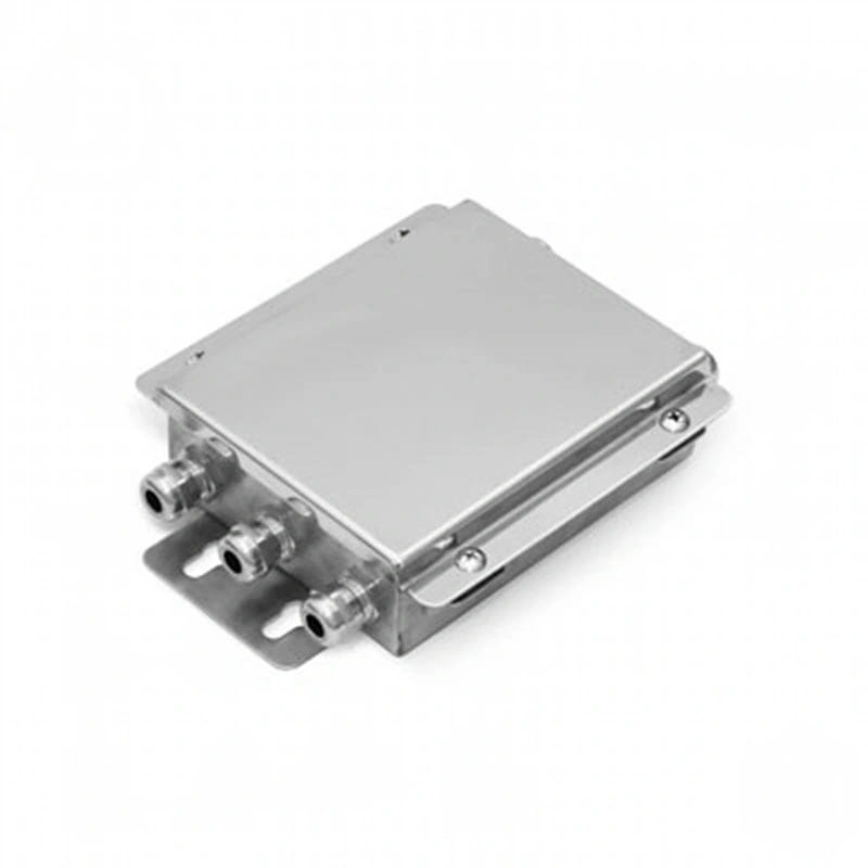 Silver metallic industrial enclosure with three threaded ports and mounting bracket