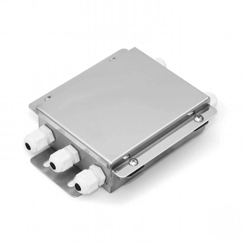 Stainless steel industrial junction box with three white plastic conduit fittings