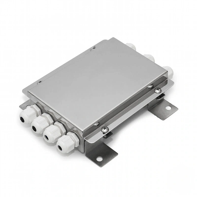 Silver metallic industrial junction box with four white plastic cable glands and mounting brackets