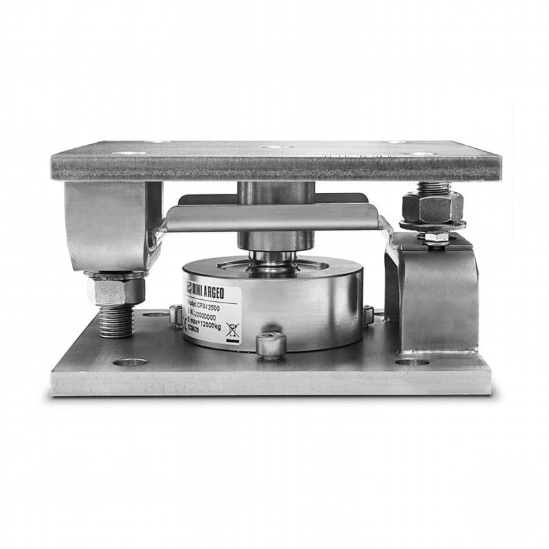 Industrial-grade stainless steel load cell with a cylindrical sensor body and mounting plates