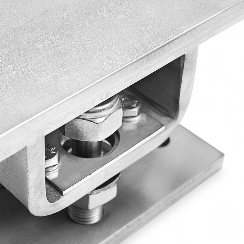 Stainless steel mounting bracket with a brushed finish and visible hexagonal bolts securing the components