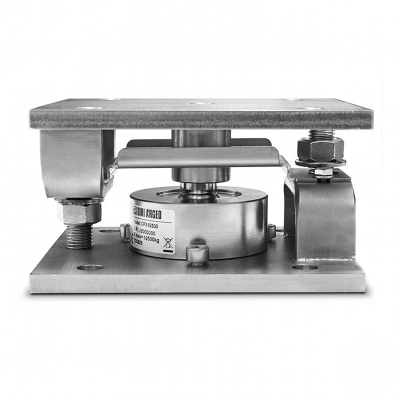 Industrial-grade stainless steel load cell with a cylindrical sensor body and mounting plates