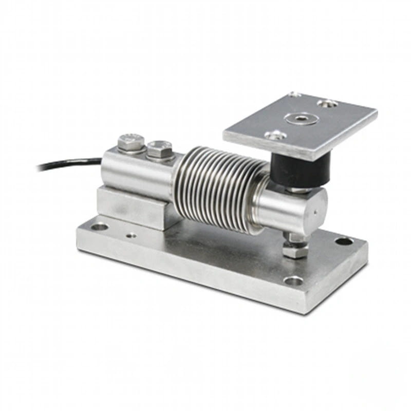 Silver metallic strain gauge with a coiled spring and mounting plates