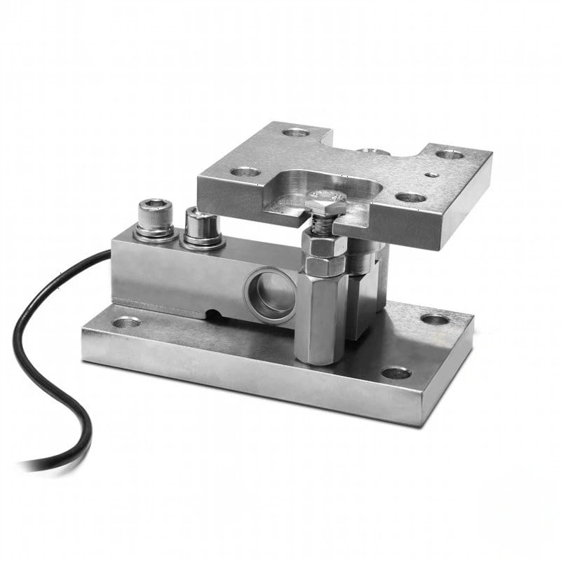 Industrial-grade stainless steel load cell with a robust, rectangular design and integrated mounting hardware