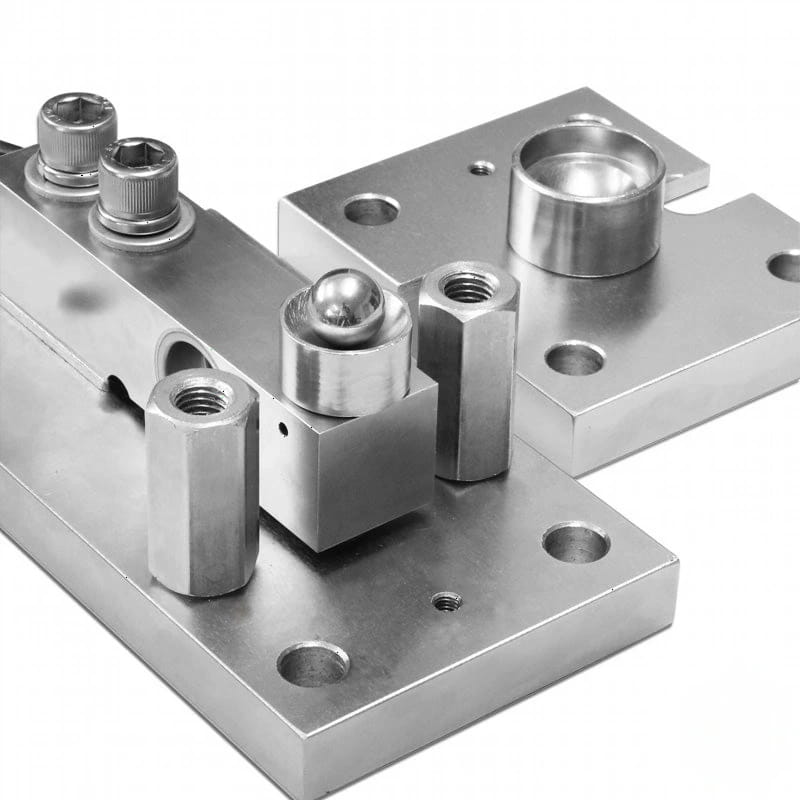 Stainless steel mechanical assembly with threaded bolts, hexagonal nuts, and spherical bearings mounted on rectangular plates