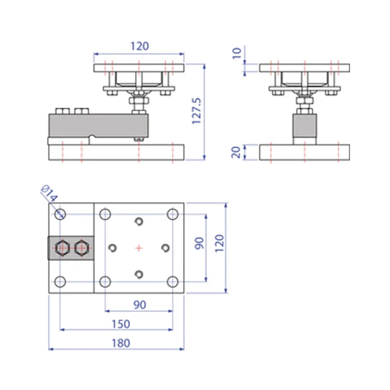 Gray metallic industrial mounting bracket with precise dimensional annotations and threaded bolt holes