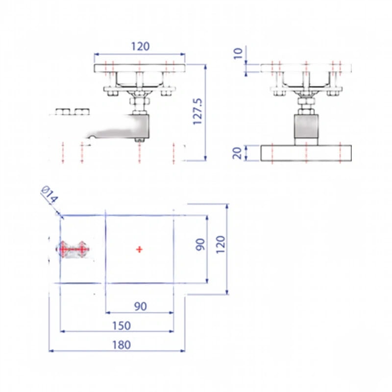Technical drawing of a ceiling-mounted plumbing fixture with precise dimensional annotations