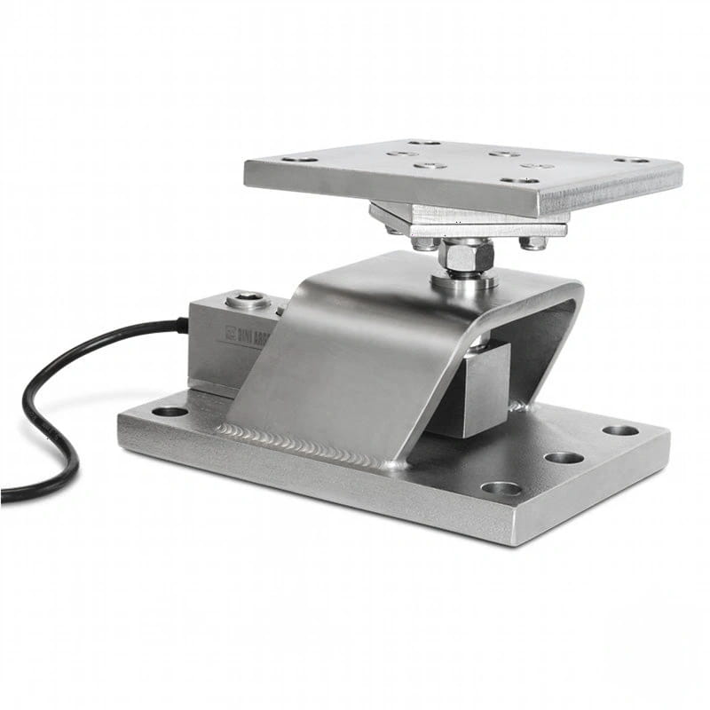 Silver metallic industrial load cell with a square platform and mounting flanges