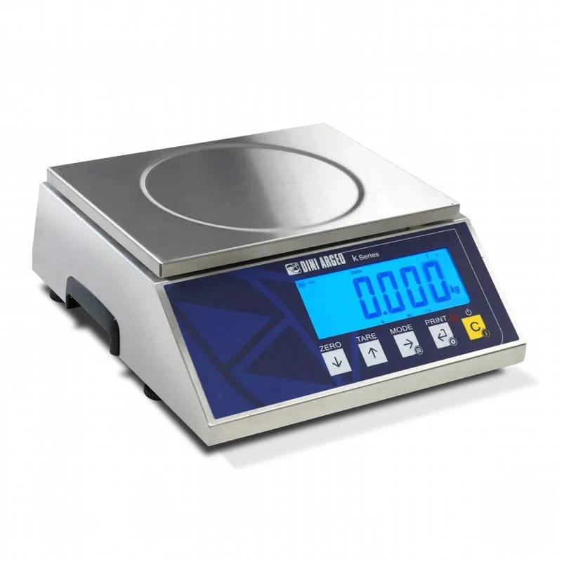 Stainless steel digital scale with a blue backlit display and control buttons
