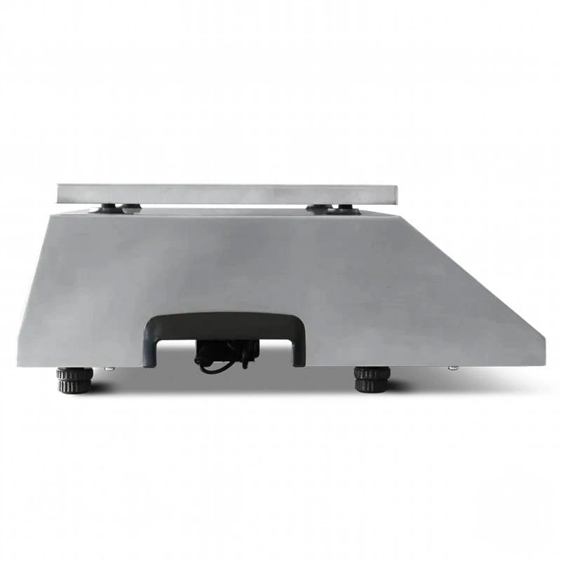 Silver stainless steel digital scale with black rubber feet and a sleek, modern design