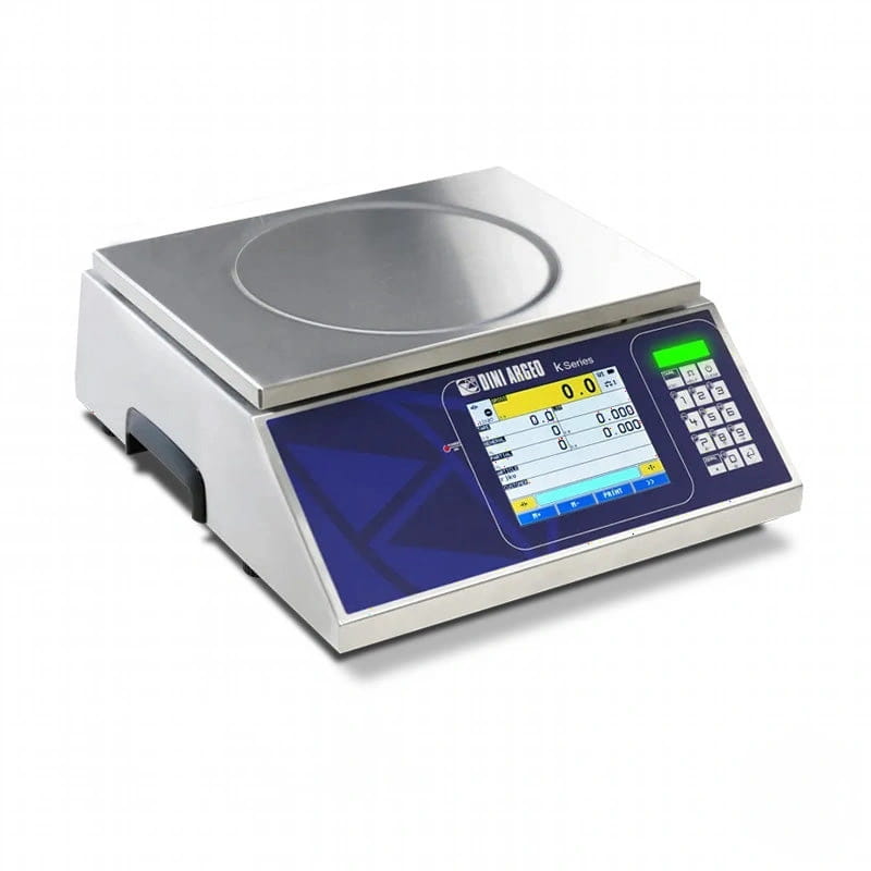 Silver dini ager k-series digital scale with a stainless steel weighing platform and blue display screen