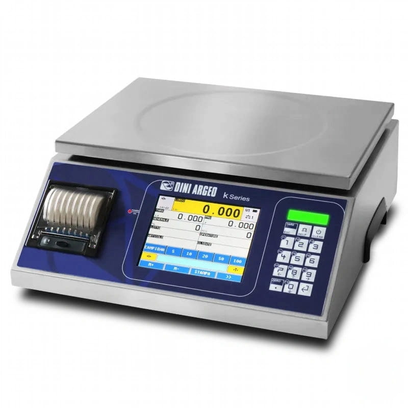 Silver dini argeo k series digital scale with a blue control panel, numeric keypad, and integrated receipt printer