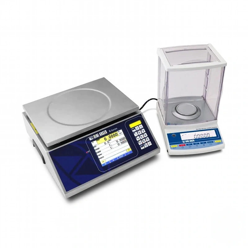 Silver and blue digital analytical balance with a transparent glass enclosure