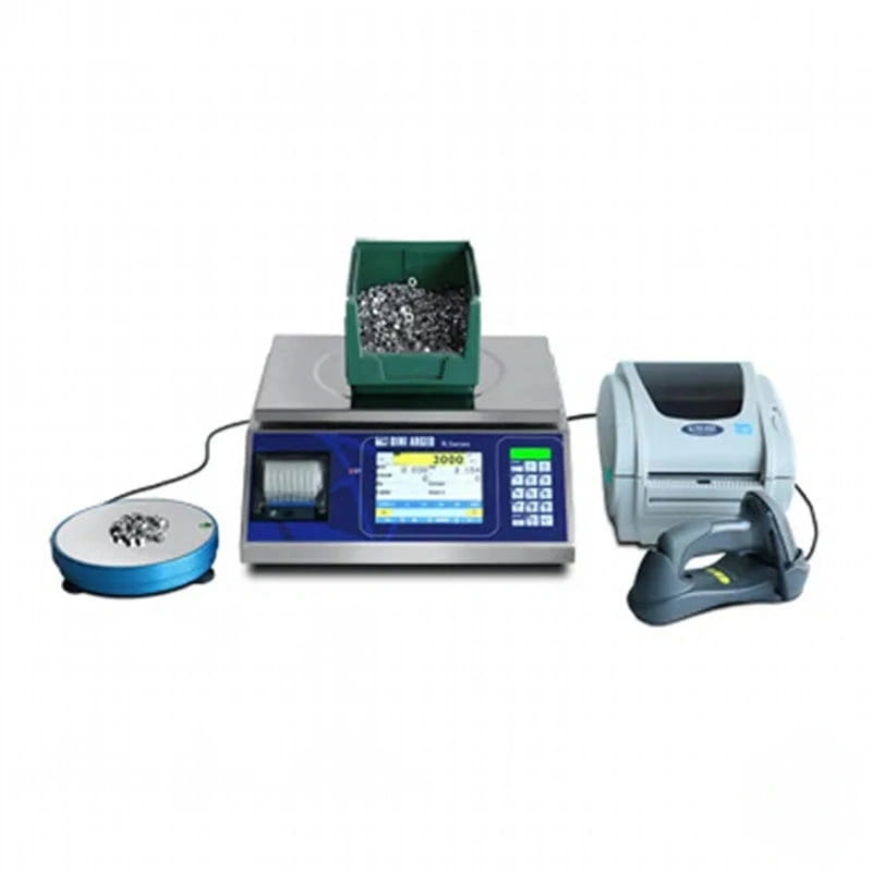 Blue digital scale with green container and silver metal parts on top