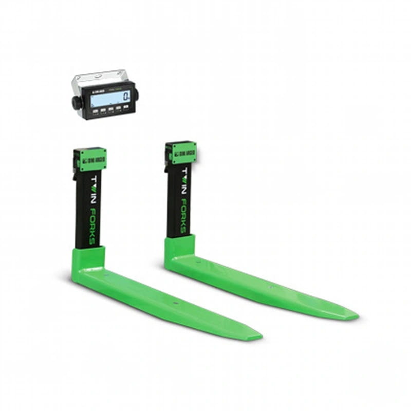 Green twin forks forklift forks with black vertical sections and digital weight display
