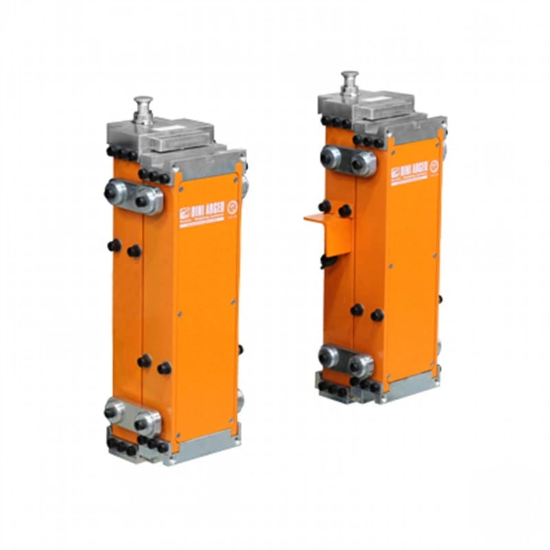 Orange industrial fluid handling units with silver metallic end caps and black fittings
