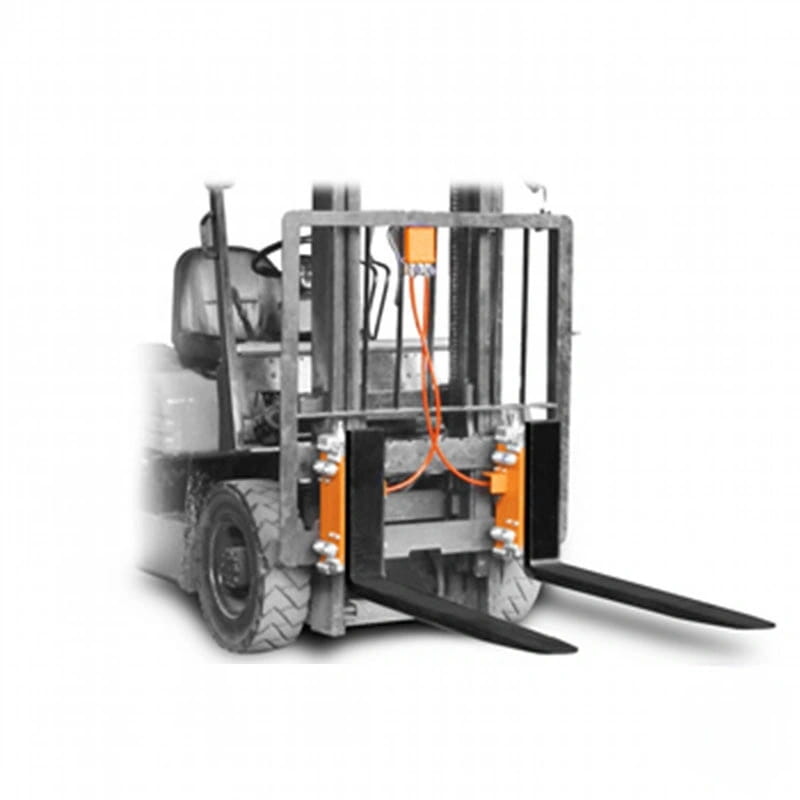 Industrial forklift with black and orange safety guardrails, metallic frame, and rugged tires