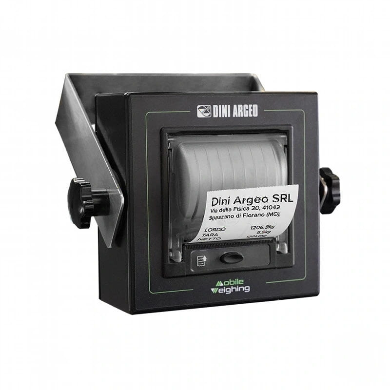 Black dini argeo mobile weighing scale with a roll of receipt paper and printed label
