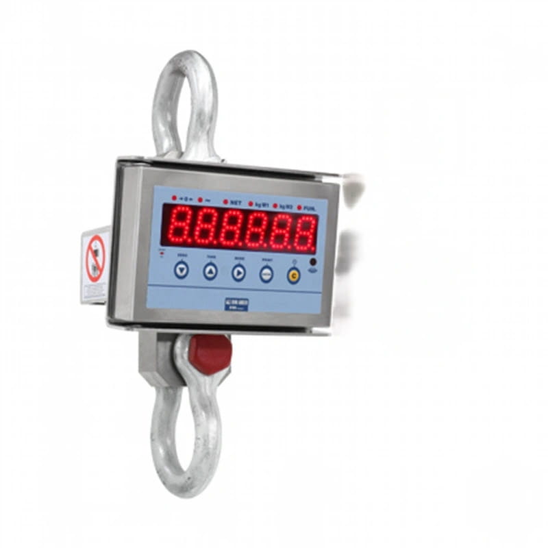 Industrial-grade digital hanging scale with a stainless steel casing, red led display showing ’8.888.8’’, and two metal hooks for suspension