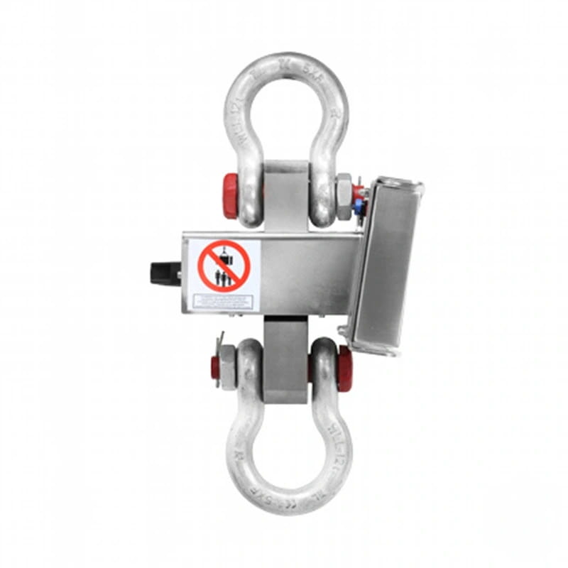 Silver stainless steel industrial lifting hook with red safety pins and a rectangular control box