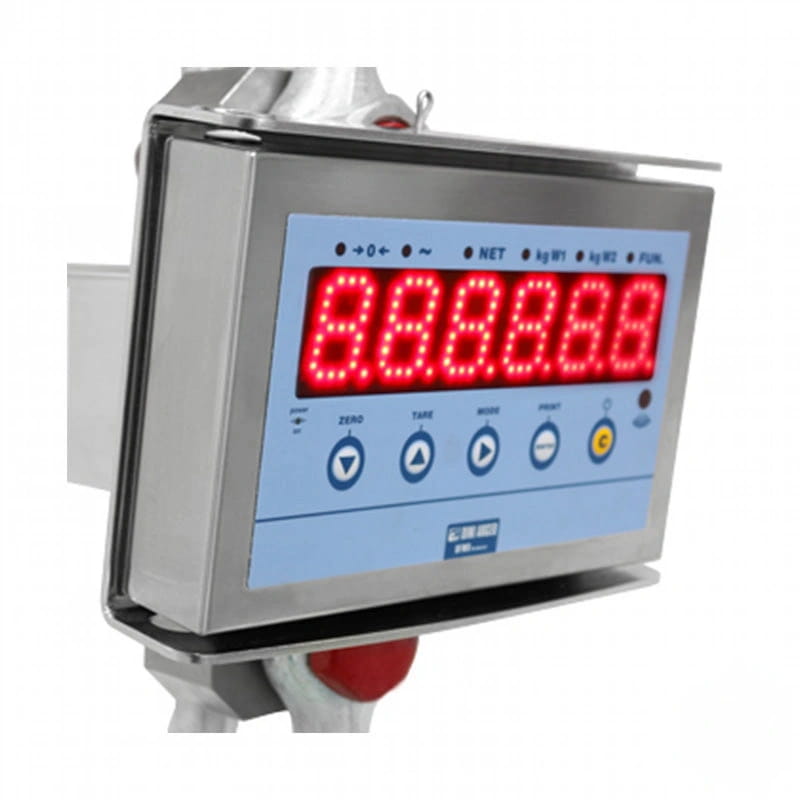 Stainless steel digital scale with a bright red led display and blue control panel featuring multiple function buttons