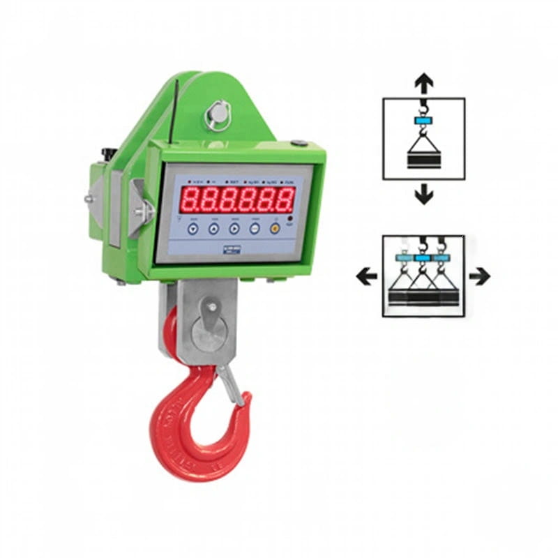 Green digital crane scale with a red hook and silver metal components