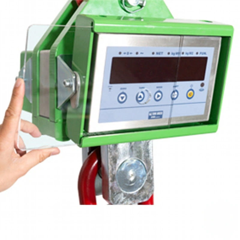Green industrial hanging scale with a digital display and control buttons