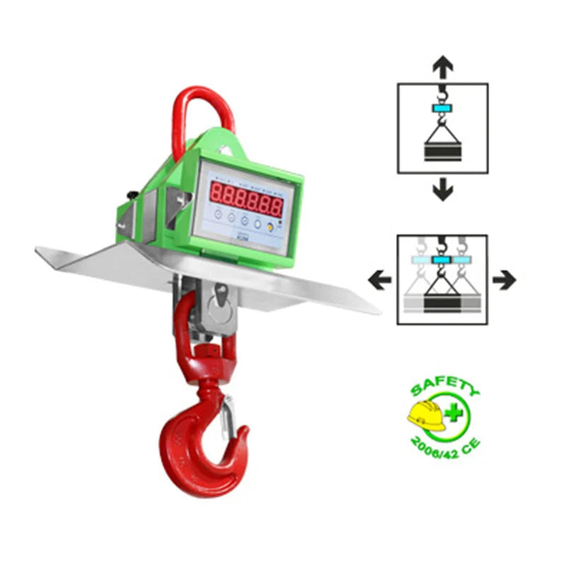 Green digital hanging scale with red hook and display