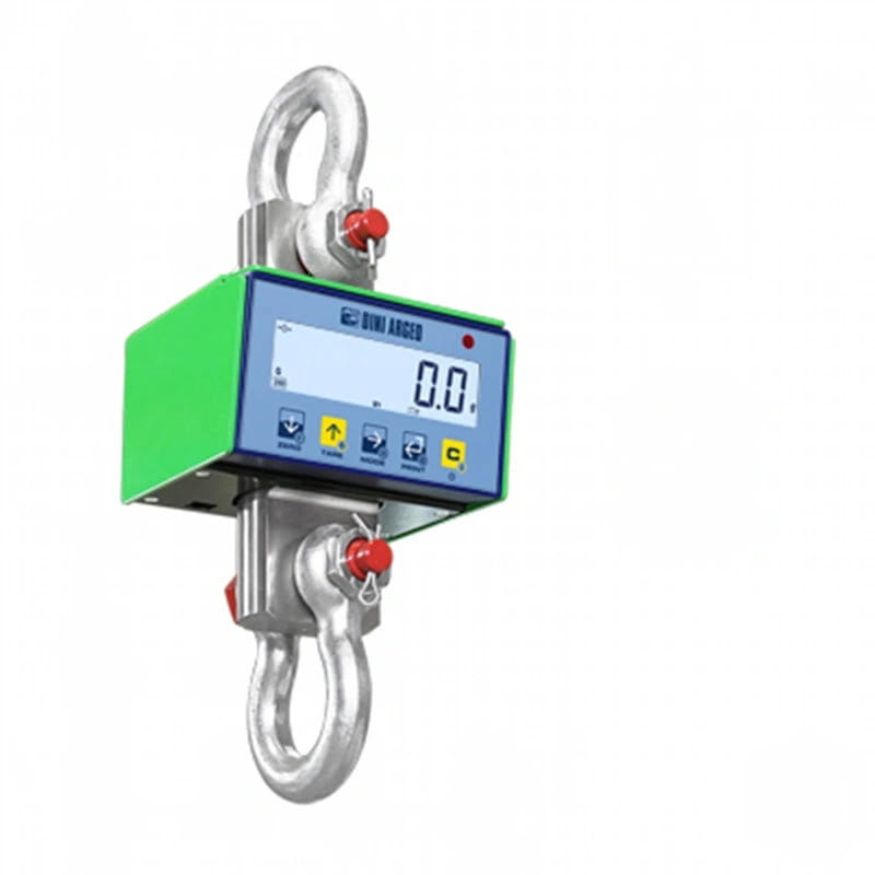 Green and silver digital hanging scale with a blue display screen
