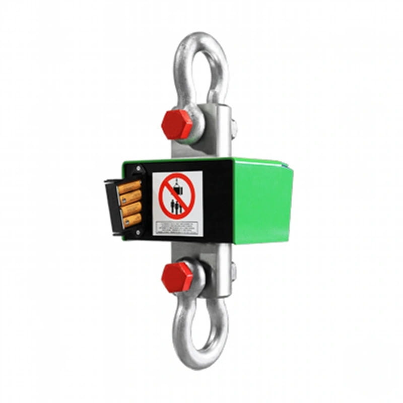 Green and black electronic hanging scale with silver hooks and red hexagonal bolts