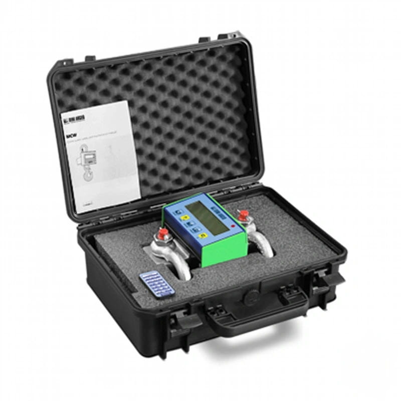 Green and blue digital scale with silver hooks nestled in a black protective case